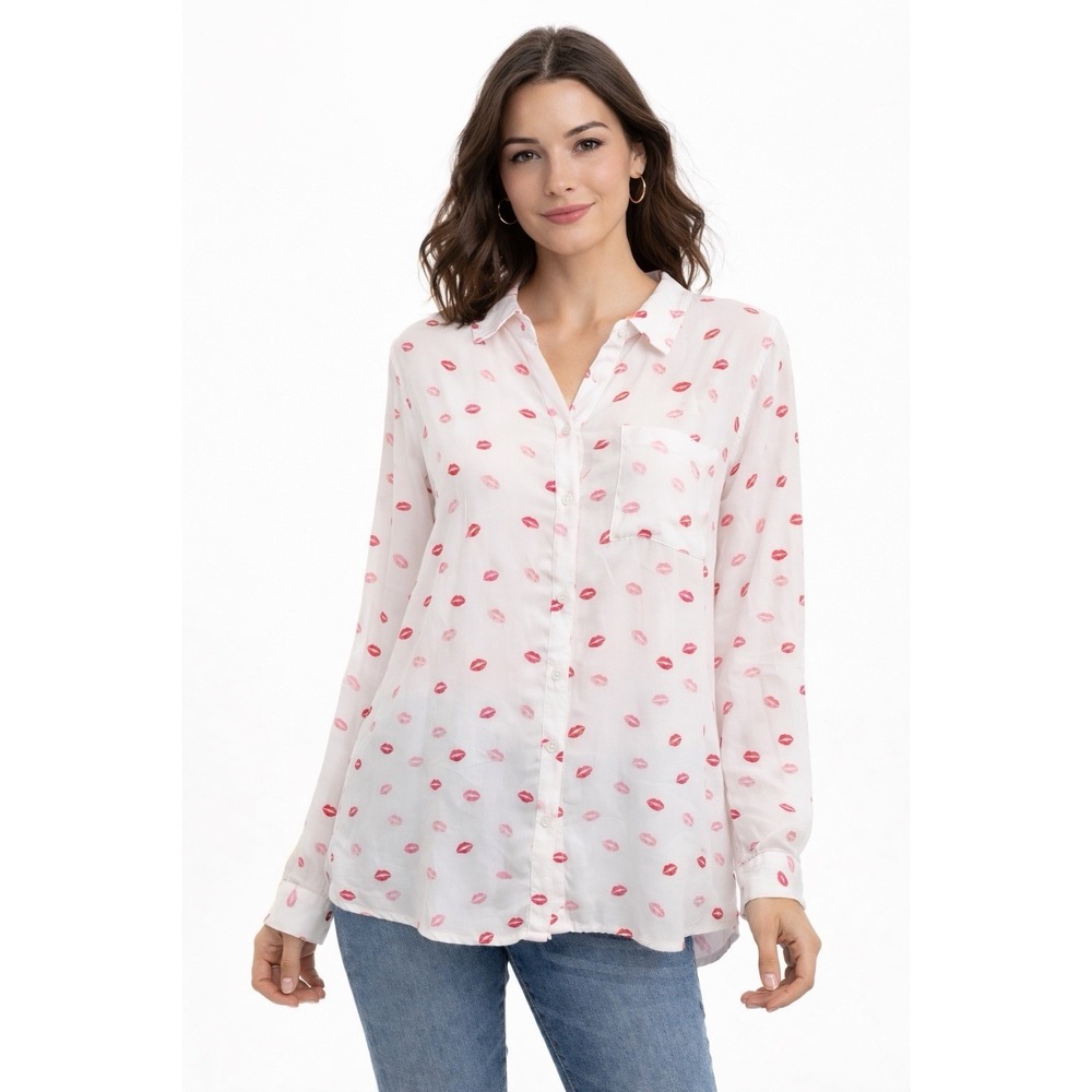 Rails Womens  Lip Print Button Front Blouse White Pink Kisses Rayon Size L